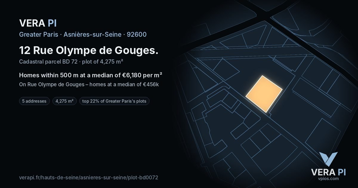 12 Rue Olympe de Gouges, Asnières-sur-Seine at night – the plot lit, the parcels around coloured by the prices near them