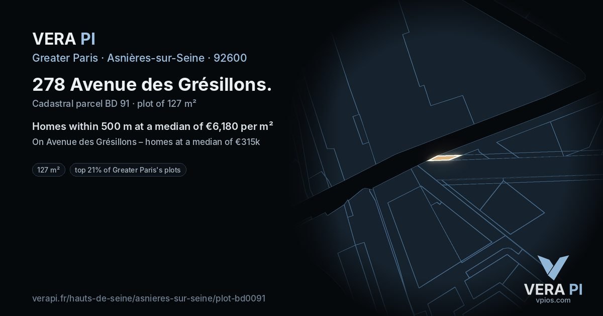 278 Avenue des Grésillons, Asnières-sur-Seine at night – the plot lit, the parcels around coloured by the prices near them