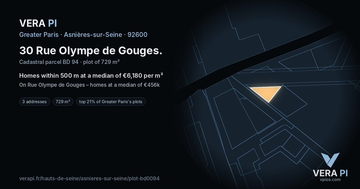 30 Rue Olympe de Gouges, Asnières-sur-Seine at night – the plot lit, the parcels around coloured by the prices near them