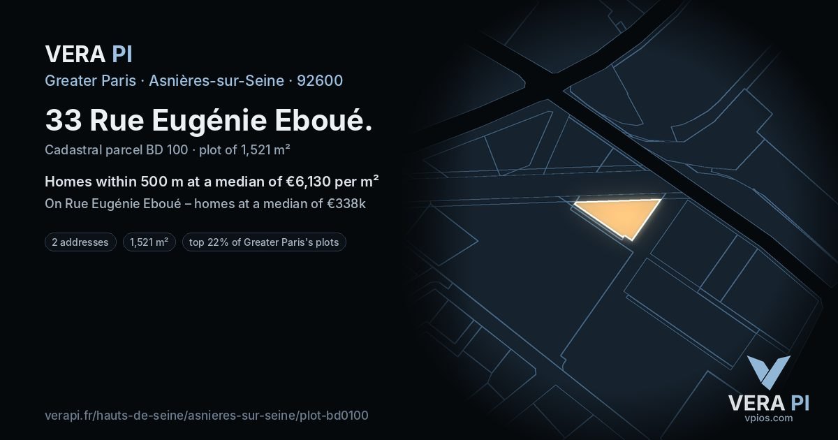 33 Rue Eugénie Eboué, Asnières-sur-Seine at night – the plot lit, the parcels around coloured by the prices near them