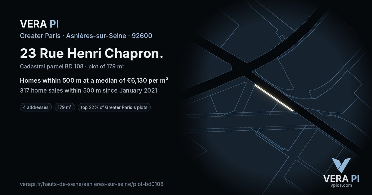 23 Rue Henri Chapron, Asnières-sur-Seine at night – the plot lit, the parcels around coloured by the prices near them