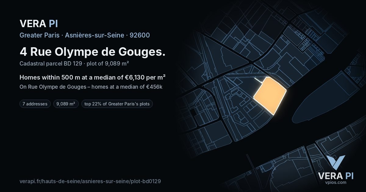 4 Rue Olympe de Gouges, Asnières-sur-Seine at night – the plot lit, the parcels around coloured by the prices near them