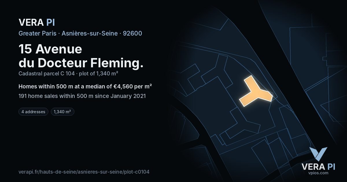 15 Avenue du Docteur Fleming, Asnières-sur-Seine at night – the plot lit, the parcels around coloured by the prices near them