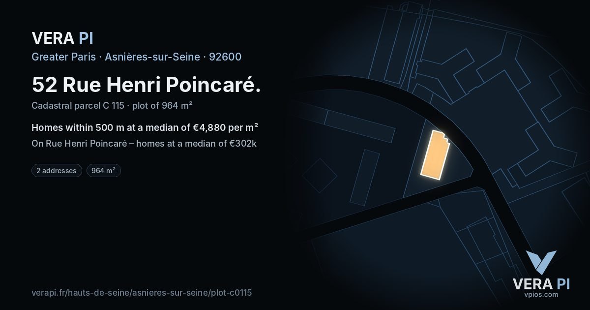 52 Rue Henri Poincaré, Asnières-sur-Seine at night – the plot lit, the parcels around coloured by the prices near them