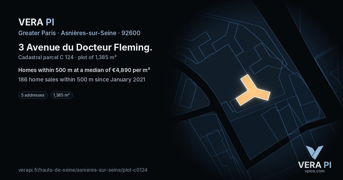 3 Avenue du Docteur Fleming, Asnières-sur-Seine at night – the plot lit, the parcels around coloured by the prices near them