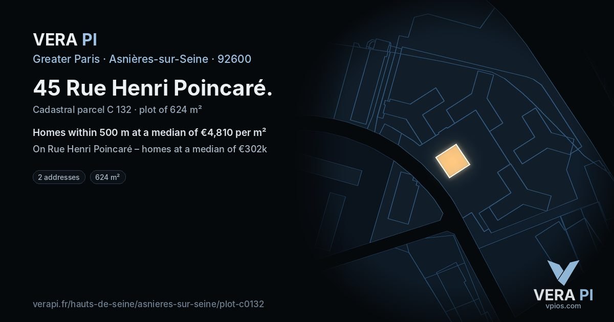 45 Rue Henri Poincaré, Asnières-sur-Seine at night – the plot lit, the parcels around coloured by the prices near them