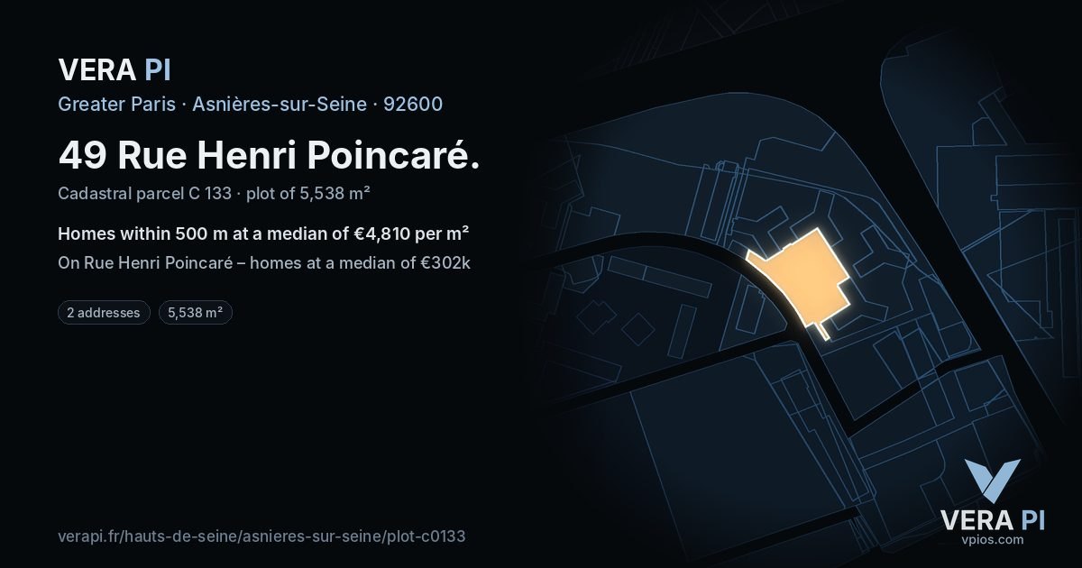 49 Rue Henri Poincaré, Asnières-sur-Seine at night – the plot lit, the parcels around coloured by the prices near them