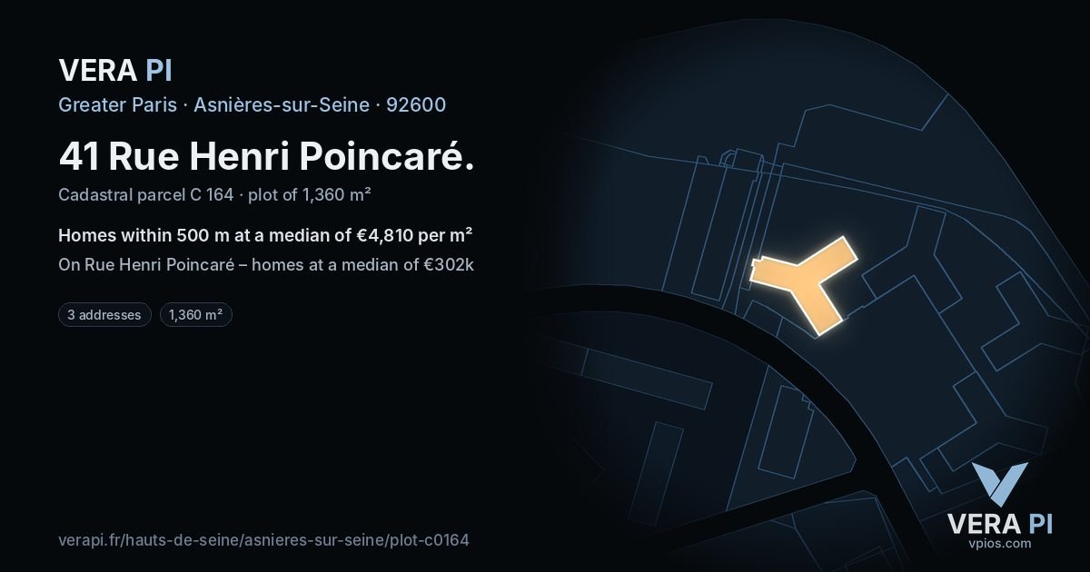 41 Rue Henri Poincaré, Asnières-sur-Seine at night – the plot lit, the parcels around coloured by the prices near them