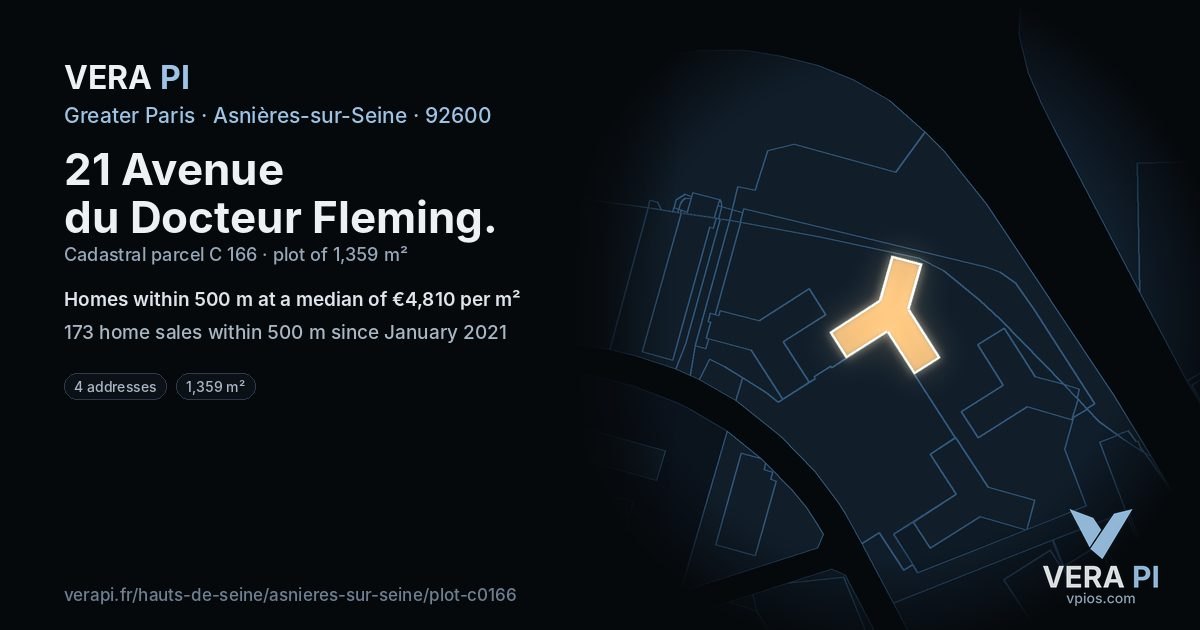 21 Avenue du Docteur Fleming, Asnières-sur-Seine at night – the plot lit, the parcels around coloured by the prices near them