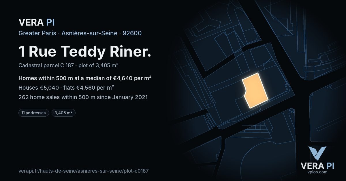 1 Rue Teddy Riner, Asnières-sur-Seine at night – the plot lit, the parcels around coloured by the prices near them