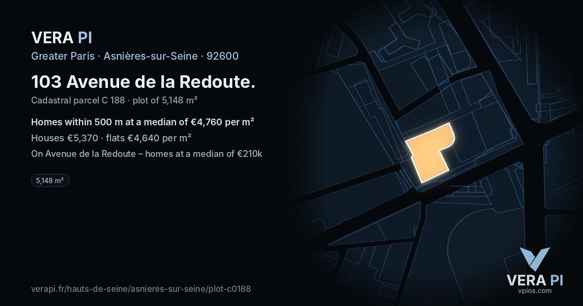 103 Avenue de la Redoute, Asnières-sur-Seine at night – the plot lit, the parcels around coloured by the prices near them