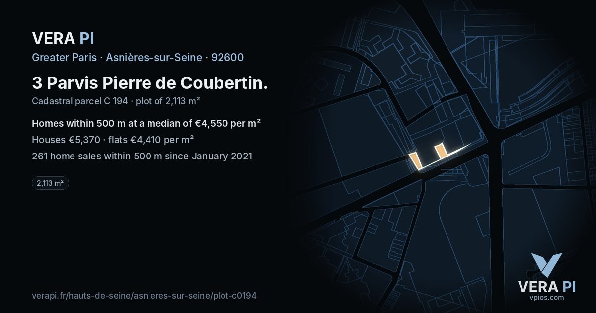 3 Parvis Pierre de Coubertin, Asnières-sur-Seine at night – the plot lit, the parcels around coloured by the prices near them
