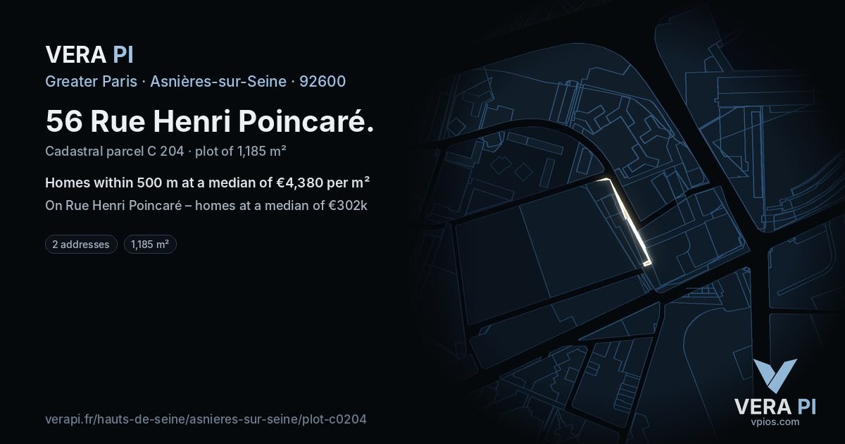 56 Rue Henri Poincaré, Asnières-sur-Seine at night – the plot lit, the parcels around coloured by the prices near them
