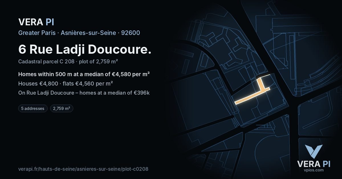 6 Rue Ladji Doucoure, Asnières-sur-Seine at night – the plot lit, the parcels around coloured by the prices near them