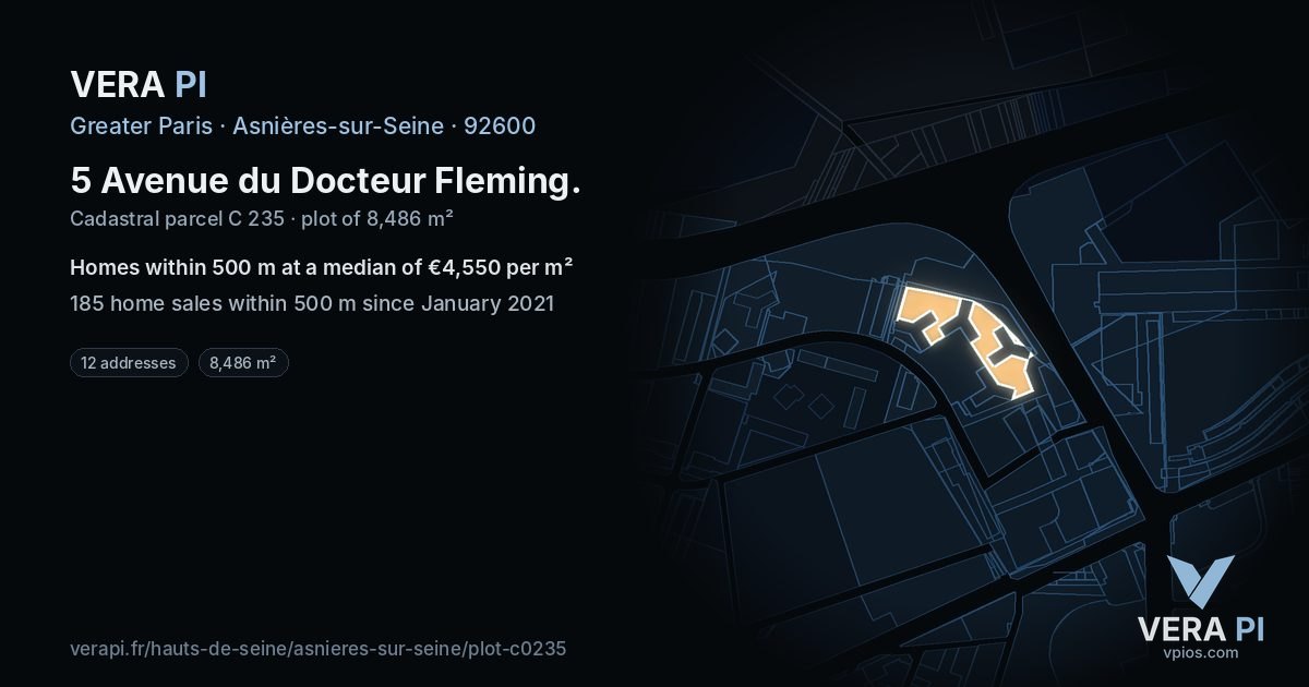 5 Avenue du Docteur Fleming, Asnières-sur-Seine at night – the plot lit, the parcels around coloured by the prices near them