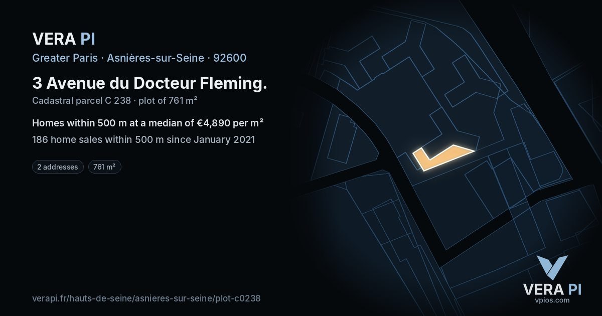 3 Avenue du Docteur Fleming, Asnières-sur-Seine at night – the plot lit, the parcels around coloured by the prices near them