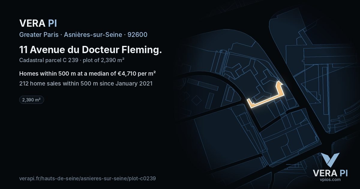 11 Avenue du Docteur Fleming, Asnières-sur-Seine at night – the plot lit, the parcels around coloured by the prices near them