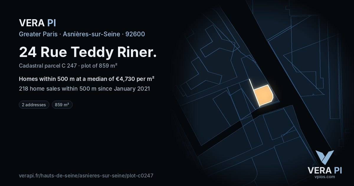 24 Rue Teddy Riner, Asnières-sur-Seine at night – the plot lit, the parcels around coloured by the prices near them
