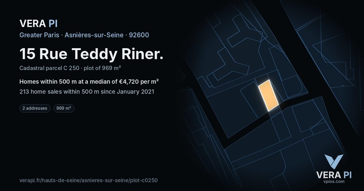 15 Rue Teddy Riner, Asnières-sur-Seine at night – the plot lit, the parcels around coloured by the prices near them