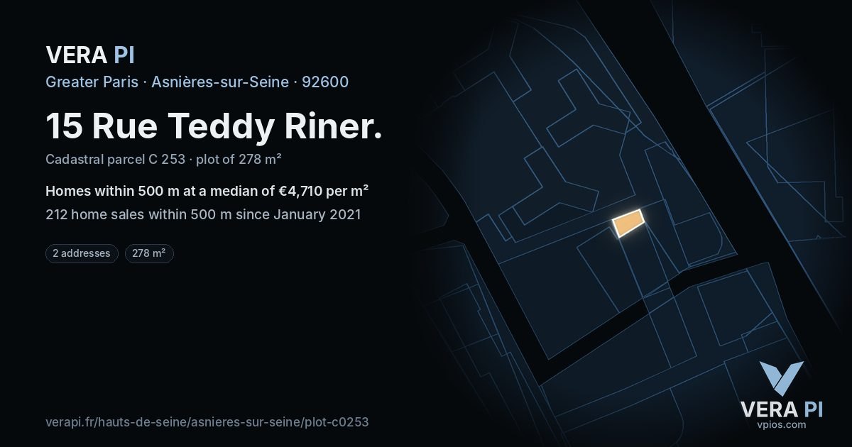 15 Rue Teddy Riner, Asnières-sur-Seine at night – the plot lit, the parcels around coloured by the prices near them