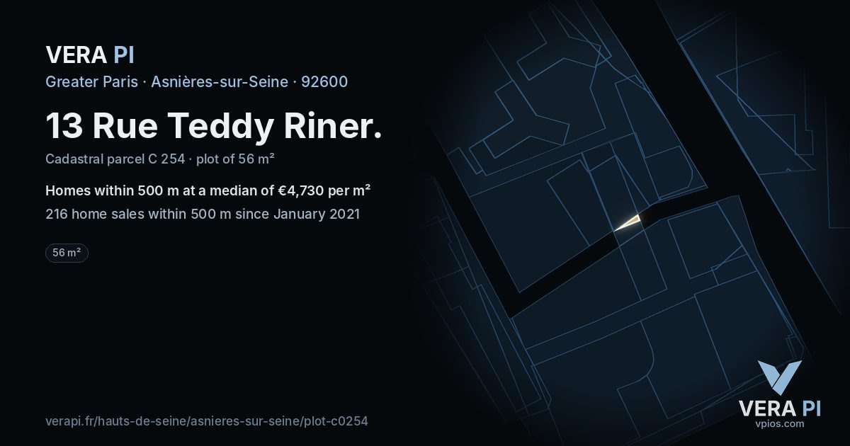 13 Rue Teddy Riner, Asnières-sur-Seine at night – the plot lit, the parcels around coloured by the prices near them