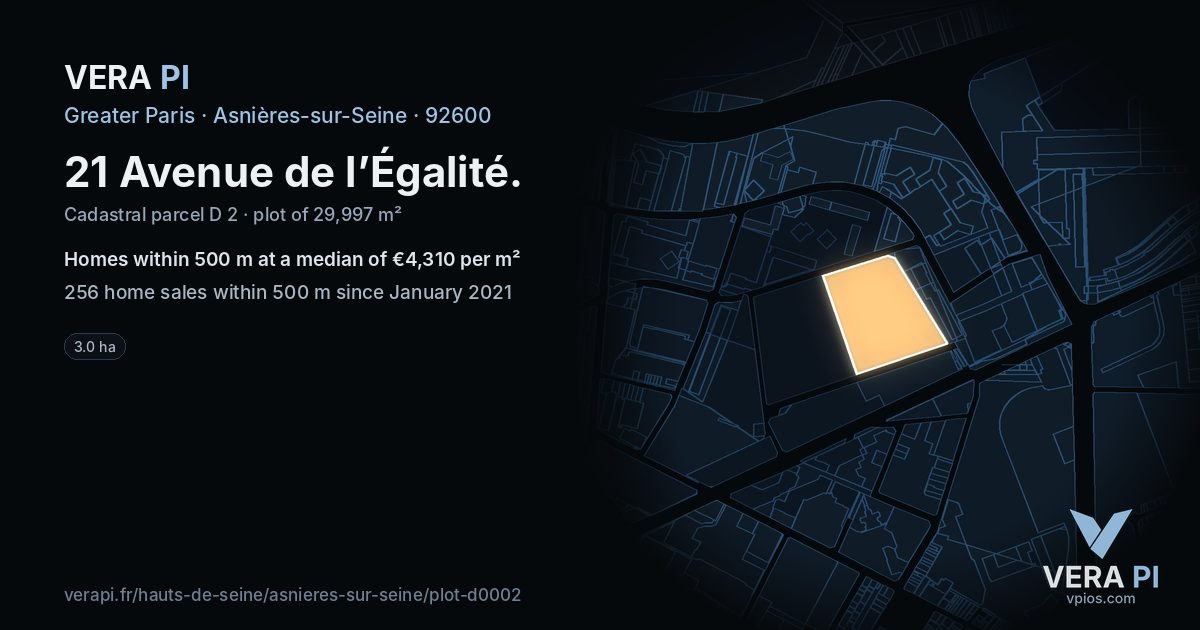 21 Avenue de l’Égalité, Asnières-sur-Seine at night – the plot lit, the parcels around coloured by the prices near them