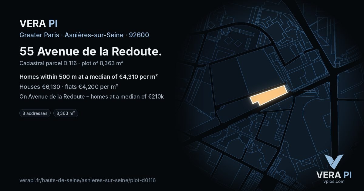 55 Avenue de la Redoute, Asnières-sur-Seine at night – the plot lit, the parcels around coloured by the prices near them