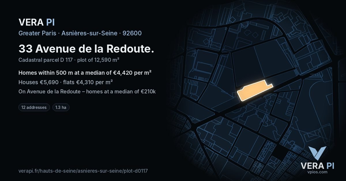33 Avenue de la Redoute, Asnières-sur-Seine at night – the plot lit, the parcels around coloured by the prices near them