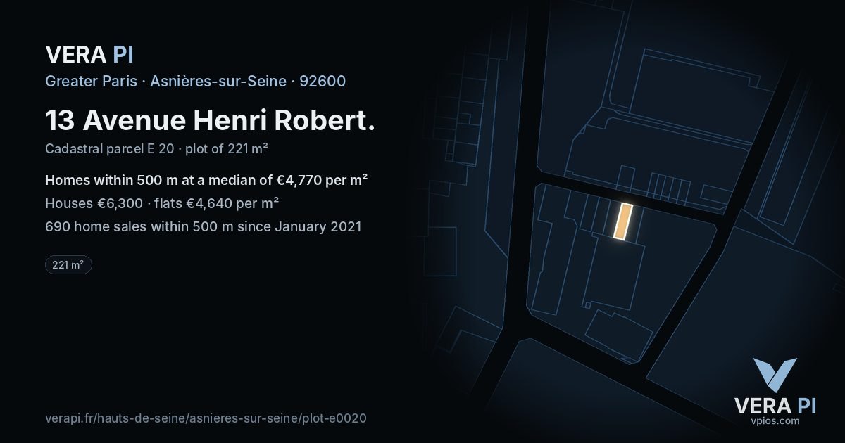 13 Avenue Henri Robert, Asnières-sur-Seine at night – the plot lit, the parcels around coloured by the prices near them