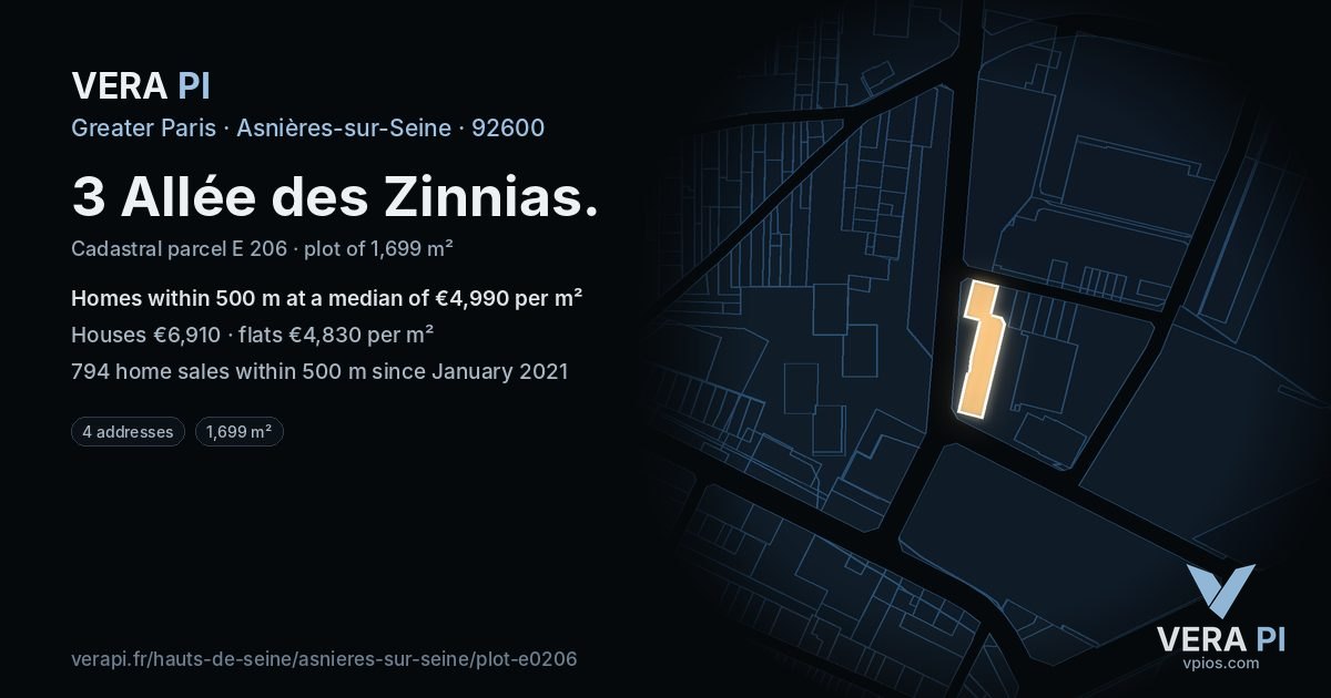 3 Allée des Zinnias, Asnières-sur-Seine at night – the plot lit, the parcels around coloured by the prices near them