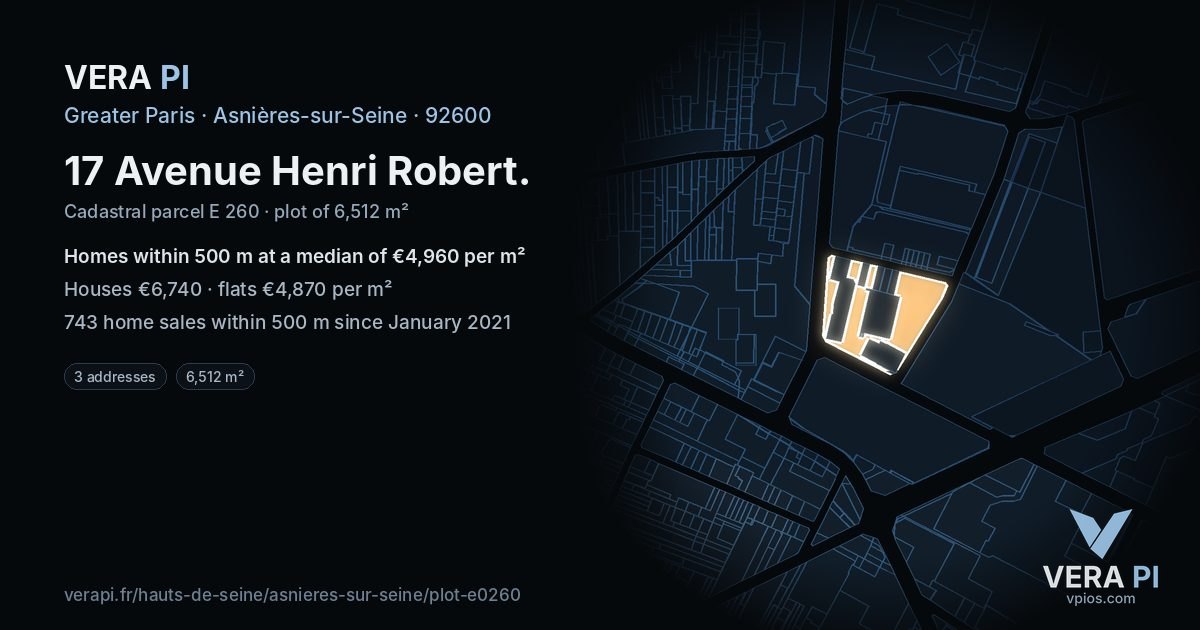 17 Avenue Henri Robert, Asnières-sur-Seine at night – the plot lit, the parcels around coloured by the prices near them