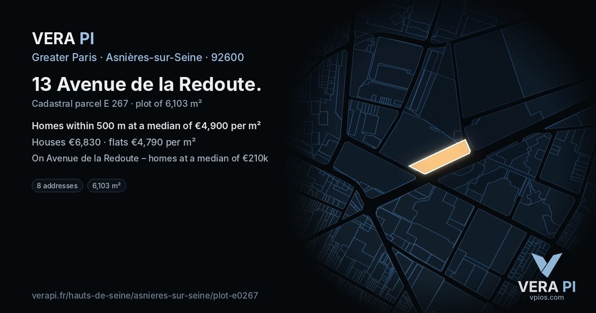 13 Avenue de la Redoute, Asnières-sur-Seine at night – the plot lit, the parcels around coloured by the prices near them