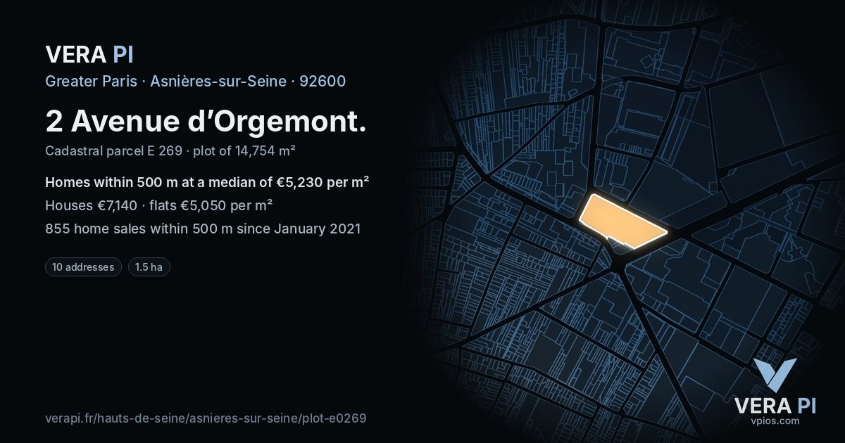 2 Avenue d’Orgemont, Asnières-sur-Seine at night – the plot lit, the parcels around coloured by the prices near them