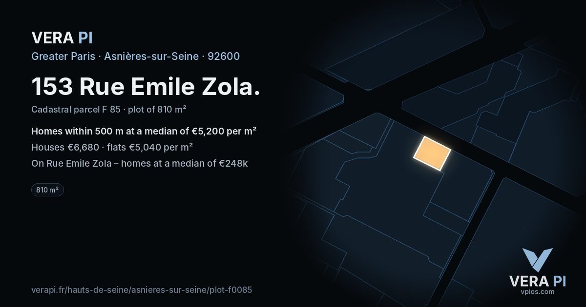 153 Rue Emile Zola, Asnières-sur-Seine at night – the plot lit, the parcels around coloured by the prices near them
