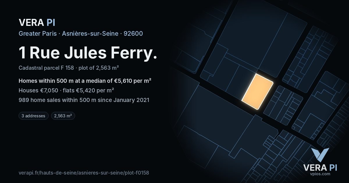 1 Rue Jules Ferry, Asnières-sur-Seine at night – the plot lit, the parcels around coloured by the prices near them