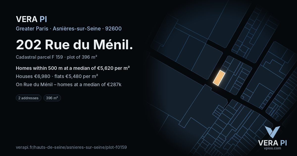 202 Rue du Ménil, Asnières-sur-Seine at night – the plot lit, the parcels around coloured by the prices near them