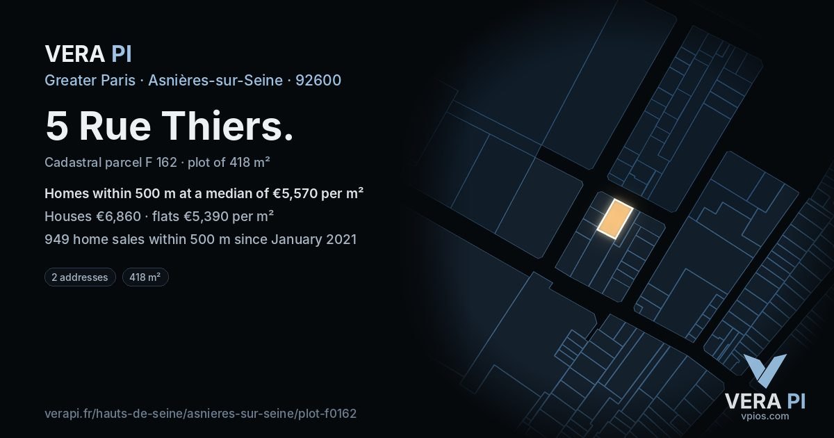 5 Rue Thiers, Asnières-sur-Seine at night – the plot lit, the parcels around coloured by the prices near them