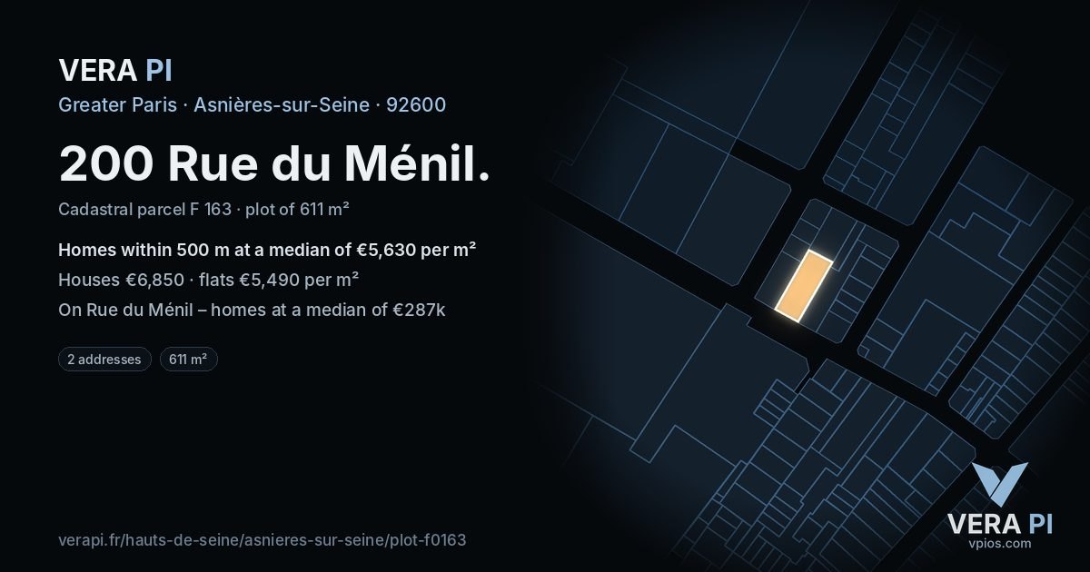 200 Rue du Ménil, Asnières-sur-Seine at night – the plot lit, the parcels around coloured by the prices near them