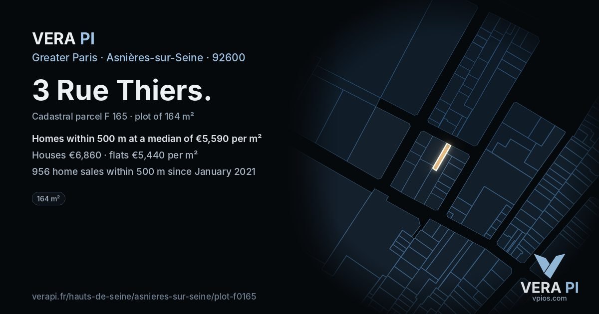 3 Rue Thiers, Asnières-sur-Seine at night – the plot lit, the parcels around coloured by the prices near them