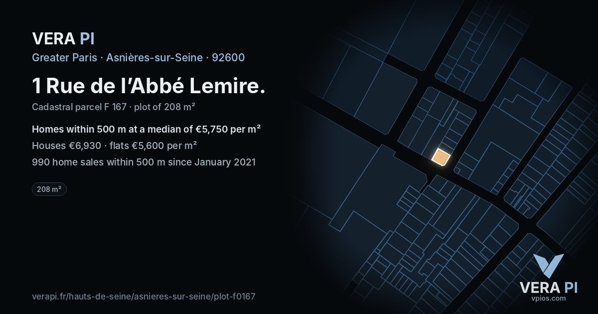 1 Rue de l’Abbé Lemire, Asnières-sur-Seine at night – the plot lit, the parcels around coloured by the prices near them