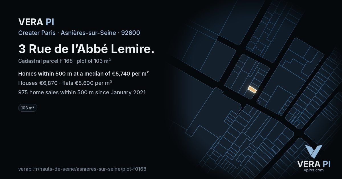 3 Rue de l’Abbé Lemire, Asnières-sur-Seine at night – the plot lit, the parcels around coloured by the prices near them