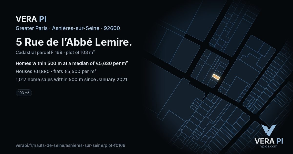 5 Rue de l’Abbé Lemire, Asnières-sur-Seine at night – the plot lit, the parcels around coloured by the prices near them