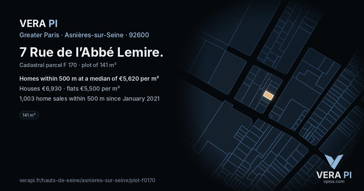 7 Rue de l’Abbé Lemire, Asnières-sur-Seine at night – the plot lit, the parcels around coloured by the prices near them