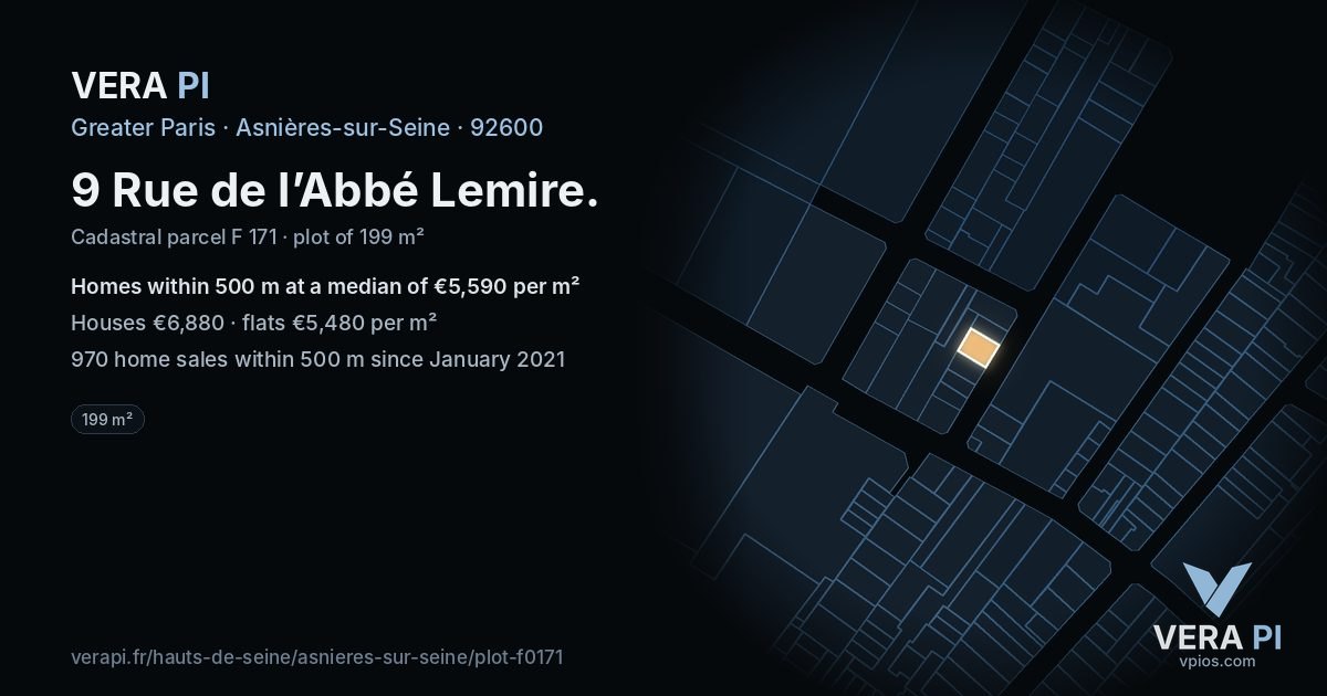 9 Rue de l’Abbé Lemire, Asnières-sur-Seine at night – the plot lit, the parcels around coloured by the prices near them