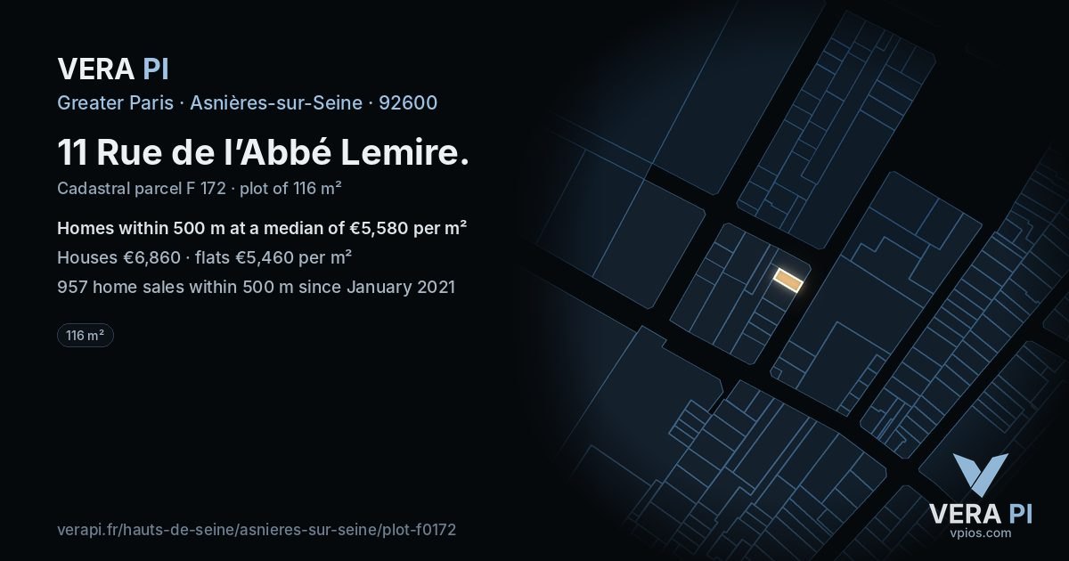 11 Rue de l’Abbé Lemire, Asnières-sur-Seine at night – the plot lit, the parcels around coloured by the prices near them