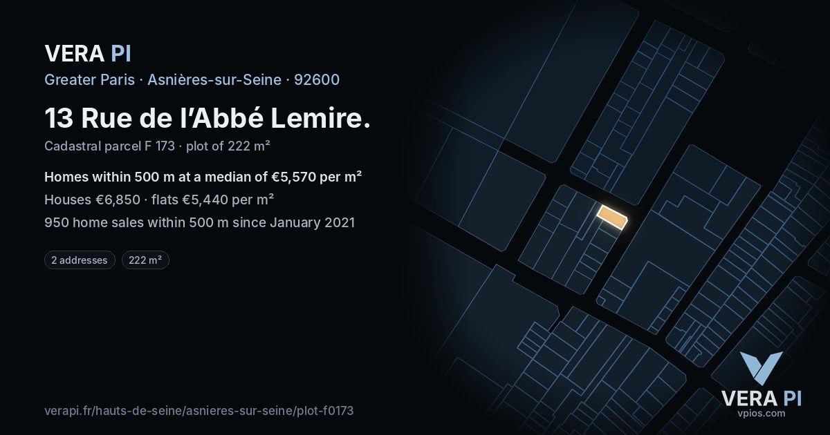 13 Rue de l’Abbé Lemire, Asnières-sur-Seine at night – the plot lit, the parcels around coloured by the prices near them