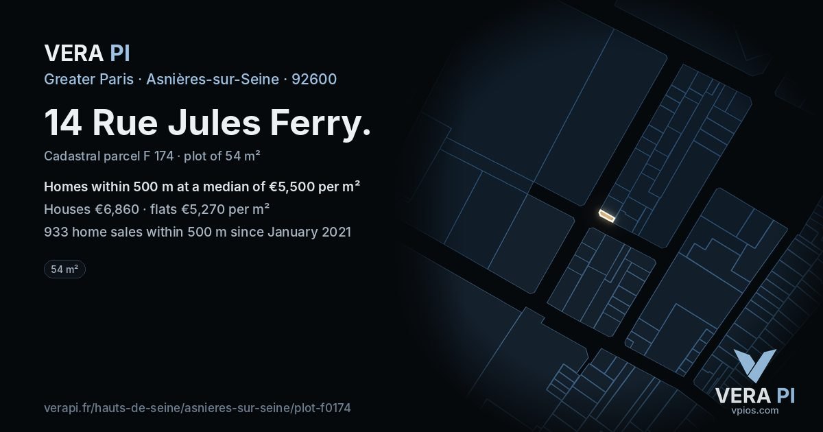 14 Rue Jules Ferry, Asnières-sur-Seine at night – the plot lit, the parcels around coloured by the prices near them