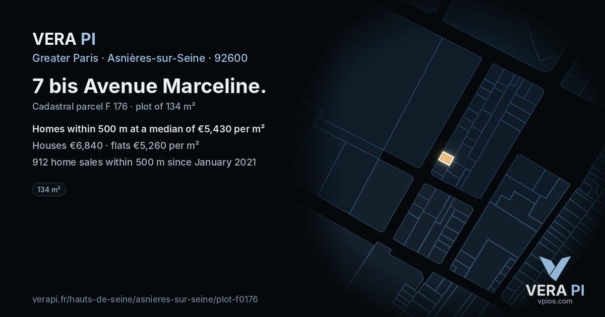 7 bis Avenue Marceline, Asnières-sur-Seine at night – the plot lit, the parcels around coloured by the prices near them