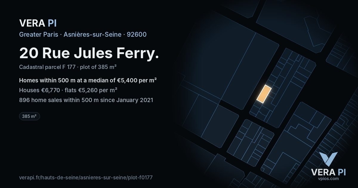20 Rue Jules Ferry, Asnières-sur-Seine at night – the plot lit, the parcels around coloured by the prices near them
