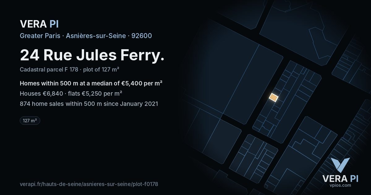 24 Rue Jules Ferry, Asnières-sur-Seine at night – the plot lit, the parcels around coloured by the prices near them